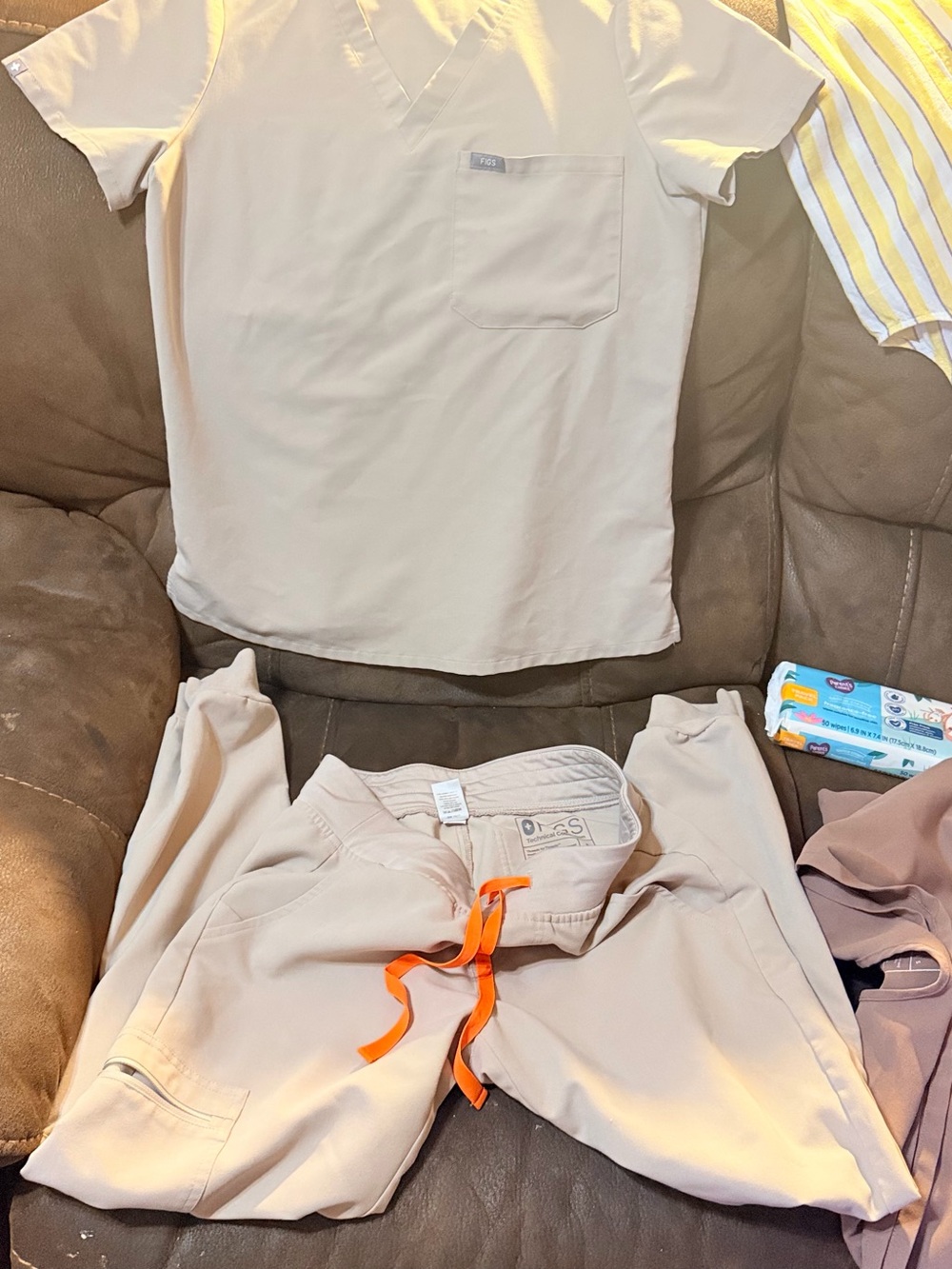Figs Neutral Beige Scrub Top and Jogger Pants with Orange Drawstring